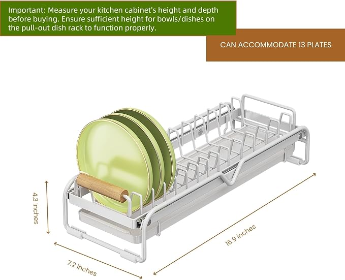 Pull-Out Double/Single Tier Dish Rack for Cupboard, Slide Out Dish Drying Rack for Kitchen Cabinets, Pull Out Drawer for Kitchen Under Sink Organizer (Single Tier Plate Rack)