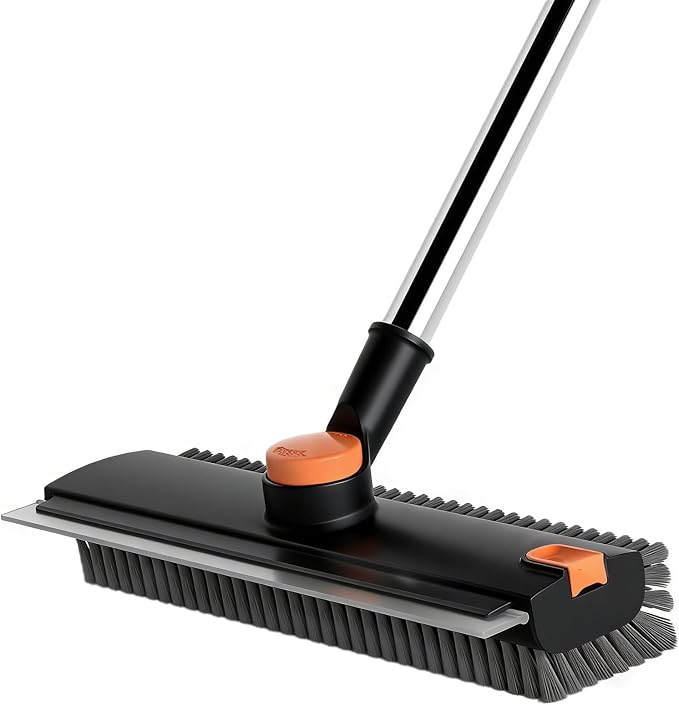 4 in 1 Floor Scrub Brush with Squeegee Long Handle Grout Brush 52'' 2026 Upgraded Multi-Functional Stiff Bristle Cleaning Scrub Brush Rotating Tile Brush for Cleaning Bathroom Patio, Pool, Garage