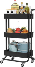 Sooyee 3 Tier Utility Cart,Rolling Cart with Handle and Lockable Wheels, Multi-Functional Storage Cart for Office, School,Living Room, Kitchen, Bathroom, Bedroom,Laundry,Black