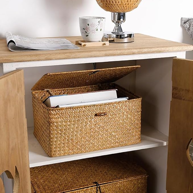 Wicker Basket with Lid, Seagrass Storage Basket, Woven Baskets for Storage, Decorative Storage Baskets for Shelf Organizing, Natural