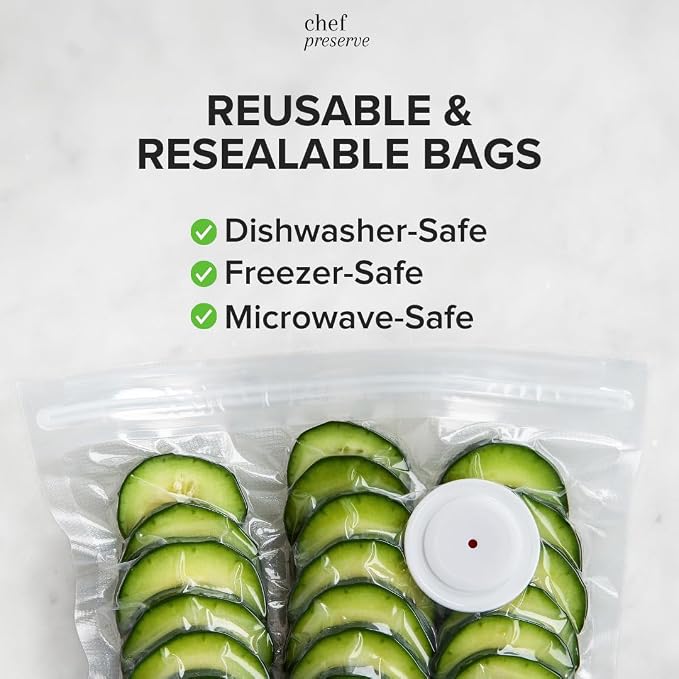 Chef Preserve Reusable Vacuum Sealer Bags for Food – 60 BPA-Free Food Storage Bags, Freezer, Microwave – Odor-Resistant, Leak-Proof – Compatible with Chef Preserve Vacuum Sealers
