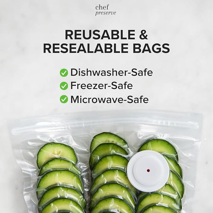 Chef Preserve Reusable Vacuum Sealer Bags for Food - 30 BPA-Free Large (12 x 13 in) Food Storage Bags, Freezer, Microwave - Odor-Resistant, Leak-Proof - Compatible with Chef Preserve Vacuum Sealers