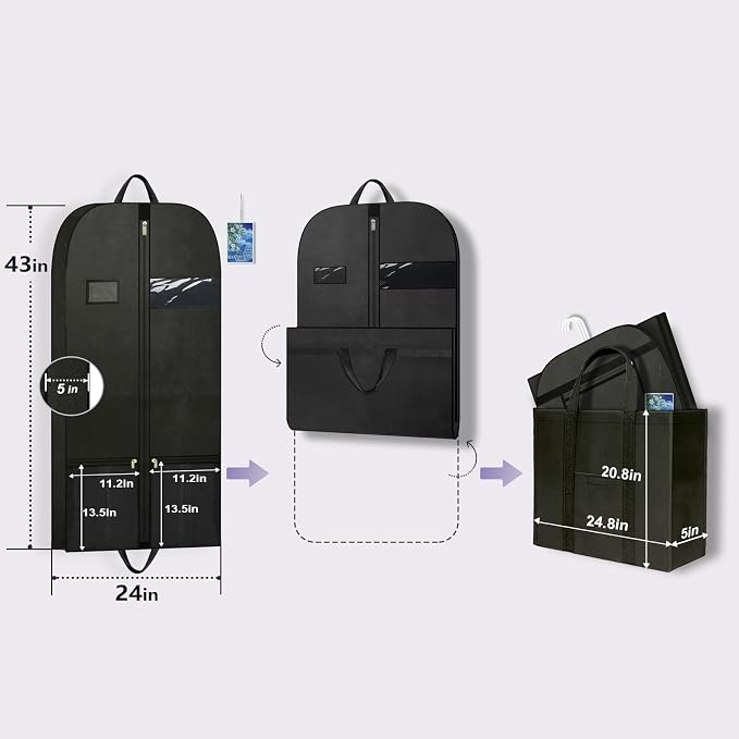 43" Garment Bag for Closet Storage, Travel Suit Cover for Hanging Clothes | Breathable garment cover with zipper and handles, protects suits, shirts, coats and jackets at home or on trips.