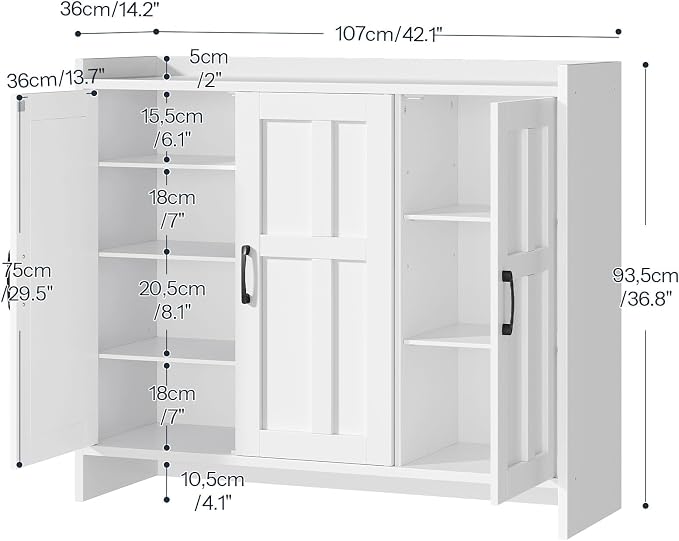 HOOBRO Shoe Cabinet for Entryway, 42.1" Large Shoe Storage Cabinet with 3 Doors, Adjustable Shelves Shoe Organizer for 16-20 Pairs, Freestanding Shoe Rack for Entryway, Hallway, Closet, White
