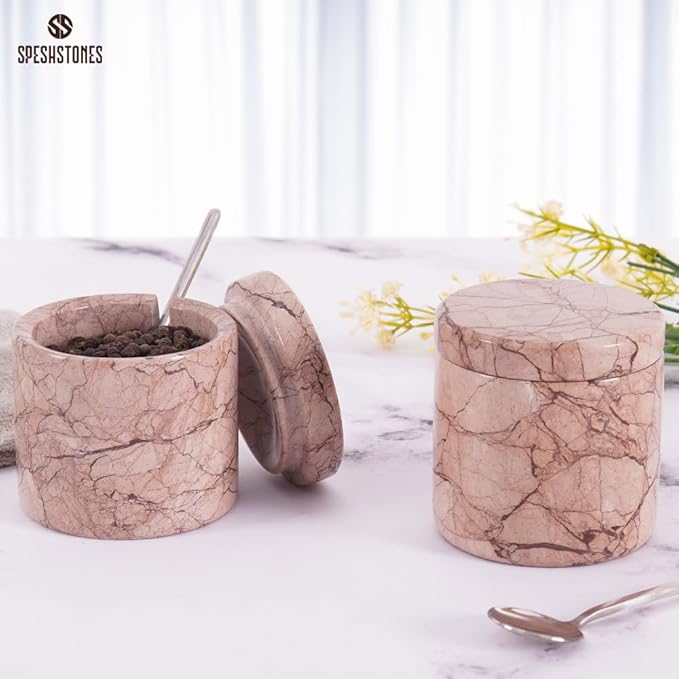 Marble Salt Cellar 3 Inch Marinara Salt Shakers Set for Kitchen, Salt Containers for Countertop, Sugar Bowl With Lid, Salt Holder, Spice Jars for Seasoning Storage, Salt Box