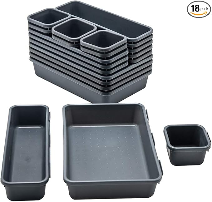 Gonice 18 PCS Black Desk Drawer Organizer Tray, Interlocking Drawer Organizers and Storage with 3 Sizes for Office, Bathroom, Kitchen, Makeup