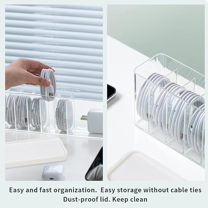 Charger Cable Cord Storage Organizer Box - Easy Storage Without Cable Ties - 2 Pack With Lid