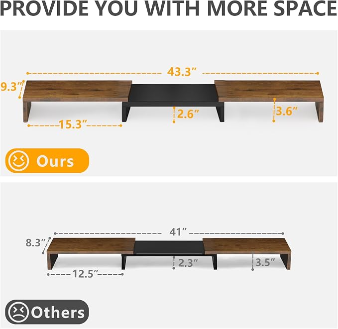 TAVR Dual Monitor Stand Riser, Wooden Computer Monitor Stand for 2 Monitors | Extra Long Multifunctional Desktop Organizer Riser for TV, PC Monitor, Laptop, Printer, Max 43.3" Length, Rustic Brown