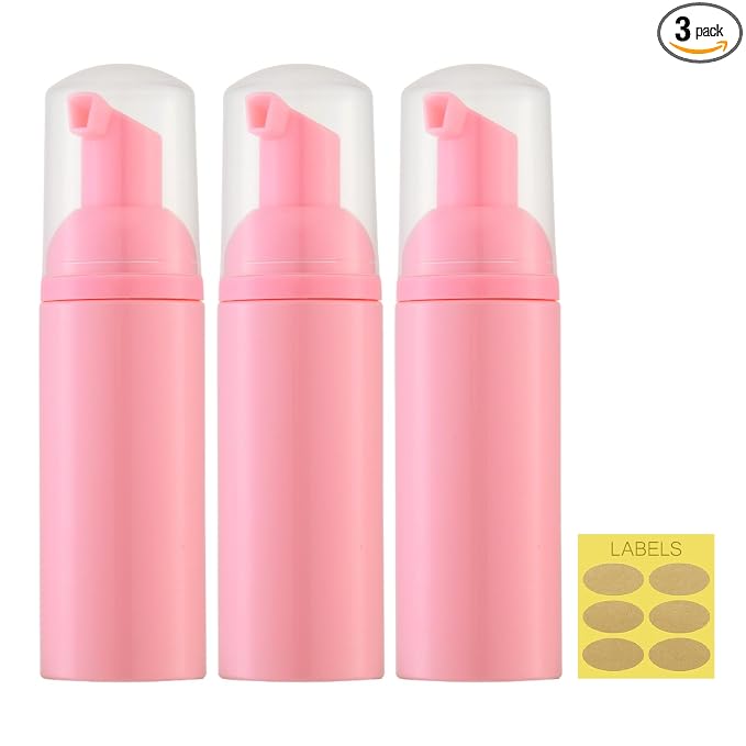 Travel Foam Pump Bottle - 2oz Small Size Foaming Hand Soap Dispenser - Mini Portable Mousse Lash Shampoo Kit Container for Hair - Empty Leak Proof Plastic Pink Foamer 3Pack