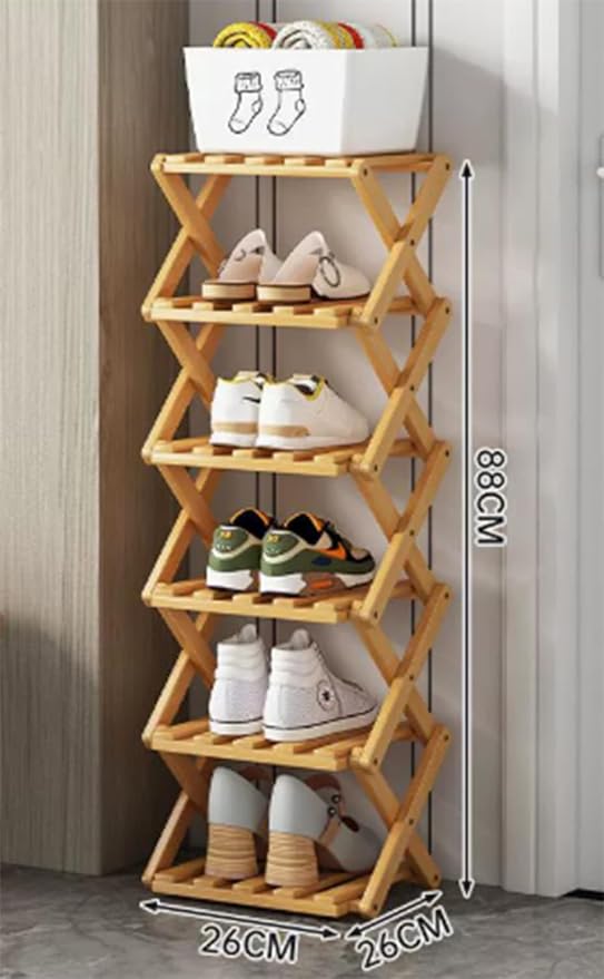 VOGUZY Foldable Shoe Rack, Tier No-Assembly Bamboo Rack, 2026 New Portable Bamboo Corner Shoe Rack, Multifunctional Narrow Shoe Shelf for Entryway, Closet, Corner, Bedroom (6 Layers)