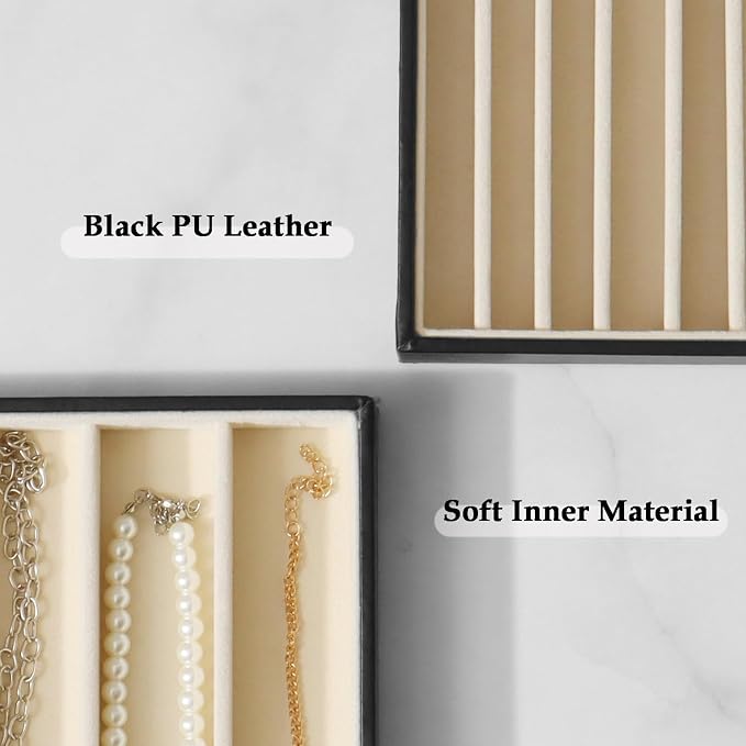 Large Jewelry Organizer Tray 2 Pack, Stackable Jewelry Storage Holder for Drawer Inserts, PU Leather Velvet Jewellery Display Case for Earring Bracelet Necklace Ring (Black Beige, 16 Grids)