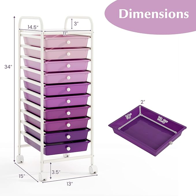COSTWAY 10-Drawer Rolling Storage Cart, Utility Mobile Trolley | Removable Drawers & Universal Casters & 2 Brakes, Versatile Flexible Drawer Organizer Cart for Home, Office (Purple Gradient)