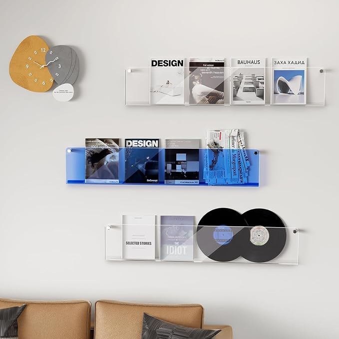 ROYALITA 2-Pack Acrylic Magazine Holder Brochure Holder, Blue 24 Inch | Record Magazine Rack, Fashion Floating Bookshelf, Literature Storage Rack for Waiting Room, Living Room, Office