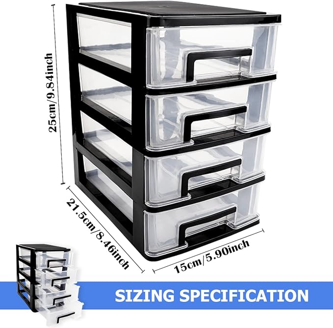4 Tier Plastic Drawer Organizer Storage Box for Desk, Cosmetics, Jewelry, Office Supplies, Home Organization (8.46" x 5.9" x 9.84")