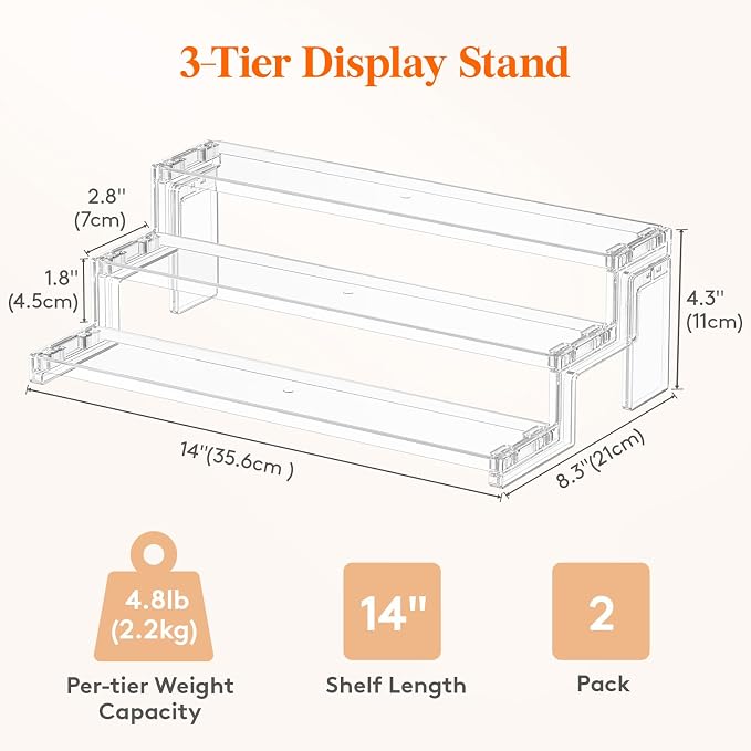 Lifewit Spice Rack, Perfume Cologne Organizer, Cupcake Stand, Tool-Free Assembly, Display Riser Shelf, Seasoning Figurine Makeup Holder, Room Decor, Kitchen Cabinet Storage, Clear, 14in-3 Tier, 2 Pcs