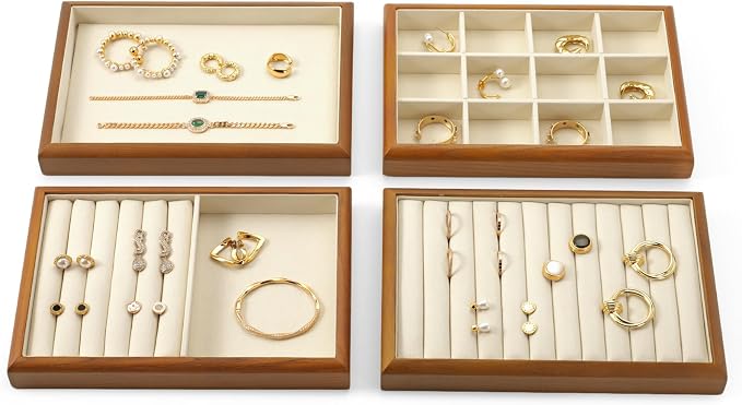 Oirlv Solid Wood 12 Grid Liner Pendant Jewelry Organizer Tray Jewelry Drawer Organizer(Creamy-white)