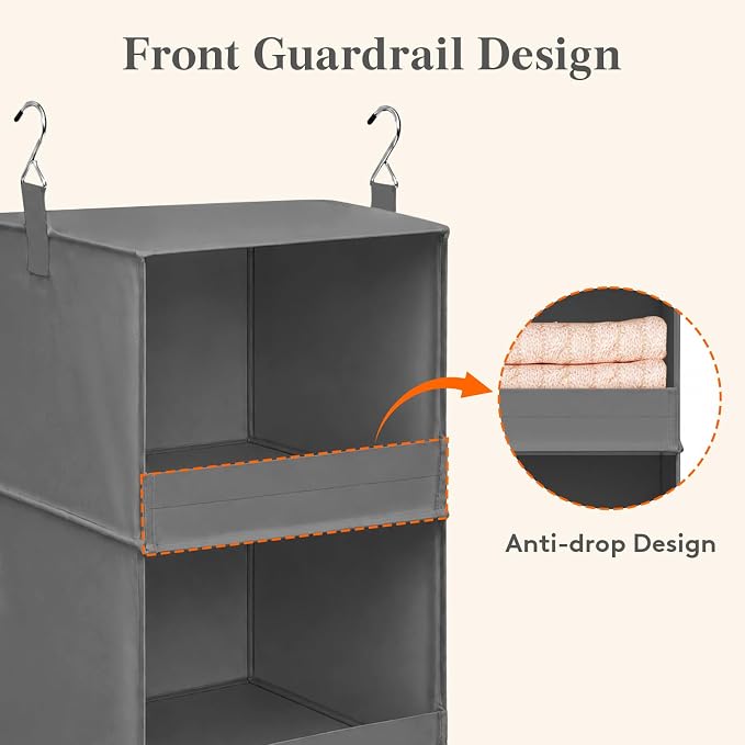 Lifewit 3 Tier Hanging Closet Organizer and Storage, Foldable Hanging Closet Shelves with 2 Sturdy Hooks, Clothes Organization for Sweater/Shoes/Coat, for Wardrobe, Bedroom, RV, Gray, 3 Pack