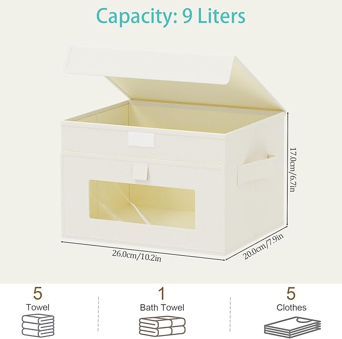 Storage Bins with Lids, Cube Organizer Basket with Window, Closet Boxes with Carrying 2 Handles and Sturdy PP Support Plate, 2 Pack, Beige, 10.2 x 7.9 x 6.7 In, XSNY17BES-2