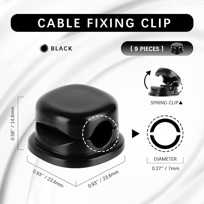7mm Spring Cable Holder Clips, 9 Pack Desk Cord Organizer, Black | Compact cord clips blend into desk edges, bedside tables and car interiors; reduce cord clutter without taking much space