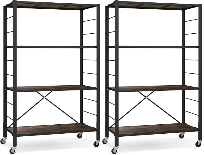 Giantex 4-Tier Folding Storage Shelf of 2, Collapsible Shelving Unit with Lockable Wheels & Adjustable Shelf, Heavy-Duty Organizer on Wheels, Storage Rack for Tool Room, Garage, Kitchen