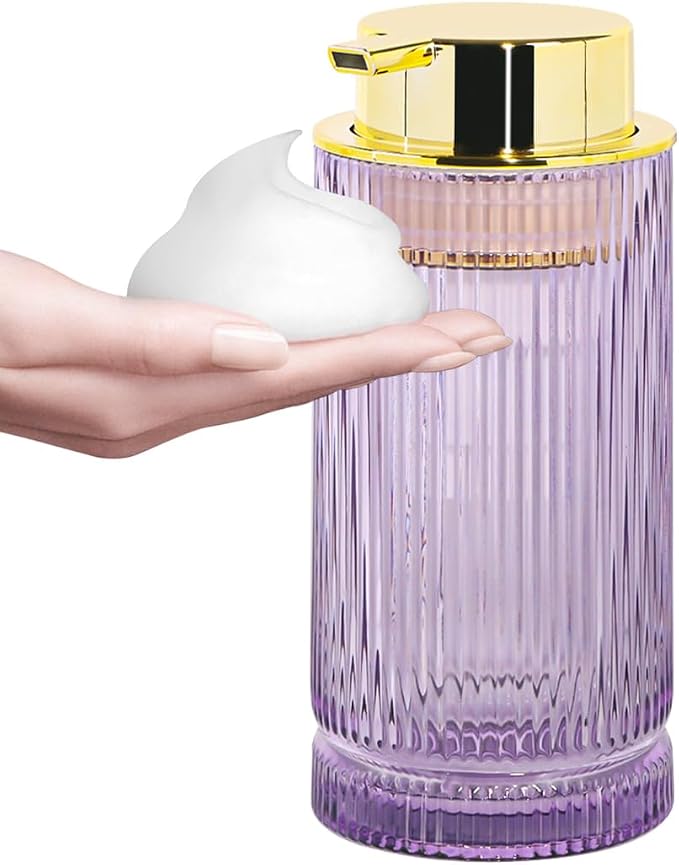 Foaming Soap Dispenser, 14 Oz Glass Foam Hand Soap Dispenser with Gold Pump, Purple Bathroom Refillable Liquid Lotion Pump Container Ribbed Bottle for Kitchen Countertop Decor