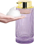 Foaming Soap Dispenser, 14 Oz Glass Foam Hand Soap Dispenser with Gold Pump, Purple Bathroom Refillable Liquid Lotion Pump Container Ribbed Bottle for Kitchen Countertop Decor
