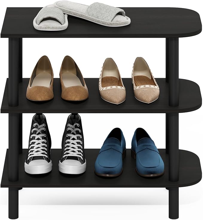 Furinno Turn-N-Tube 3-Tier Toolless Narrow Shoe Rack, Espresso | 11.7 x 23.6 x 21.9, Small Shoes Organizer, Shoe Rack Storage with Curved Organizer, for Closet Entryway, Office, Garage