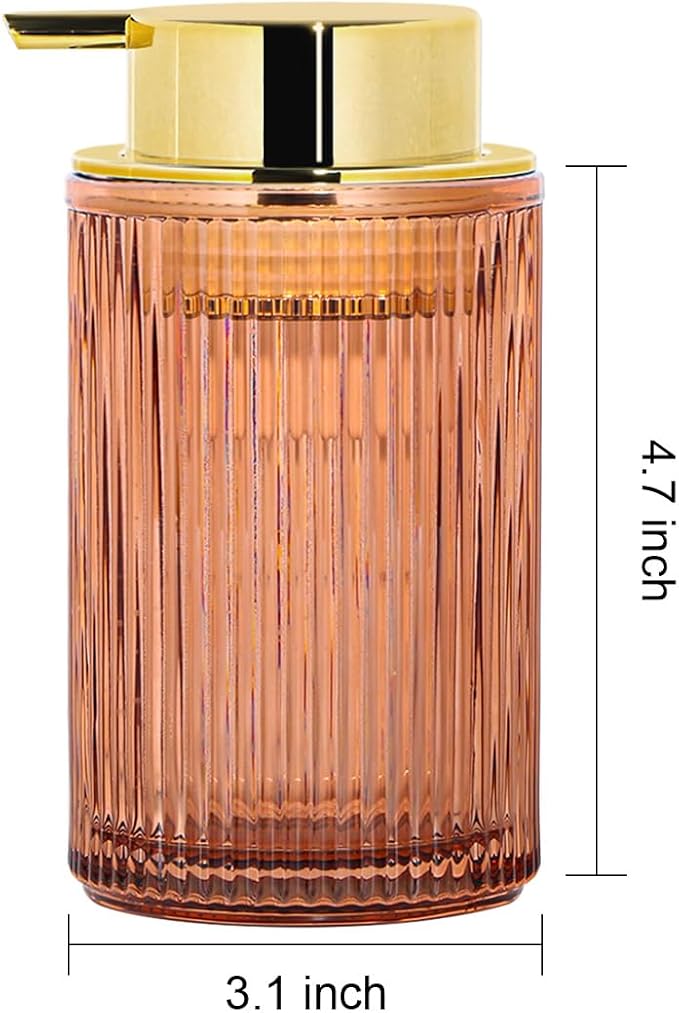 Foaming Soap Dispenser, 12 Oz Brown Glass Foam Soap Dispenser, Refillable Foam Pump Bottle Container Decorative Slim Ribbed Bottle for Bathroom and Kitchen Countertop