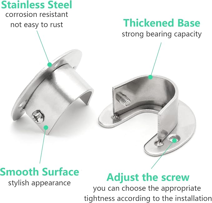 4PCS Closet Rod Bracket 1-1/3 Inch Diameter, Silver | Heavy Duty, Stainless Steel, U Shaped Rod End Supports, Round Rod Socket Flange