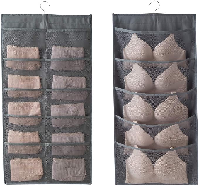 Bseash Enlarged Closet Hanging Bra Organizer with Rotating Metal Hanger, Dual Sided Wall Shelf Wardrobe Mesh Pockets Hanging Storage Bag for Bra Socks Underwear Underpants