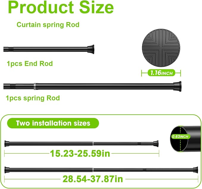 Small Tension Rods 2pack 16-38Inch Black Tension Curtain Rod Spring Rod Adjustable Curtain Rods No Drilling for Windows Short Tension Rods for Doorway,Closet,Window