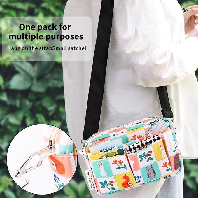 E-WEICHEN Multiple Pockets Portfolio Organizer with Zippered, Makeup Bag Travel Essentials for Women, Simple Waterproof Stationery Pencil Pouch Bag for Journal Office Art Supplies.Grid Cloth