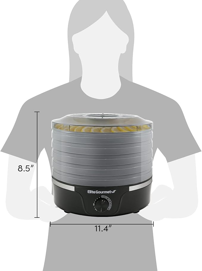 Elite Gourmet EFD319DKG Food Dehydrator, 5 BPA-Free 11.4" Trays Adjustable Temperature Controls, Jerky, Herbs, Fruit, Veggies, Dried Snacks, Black and Grey