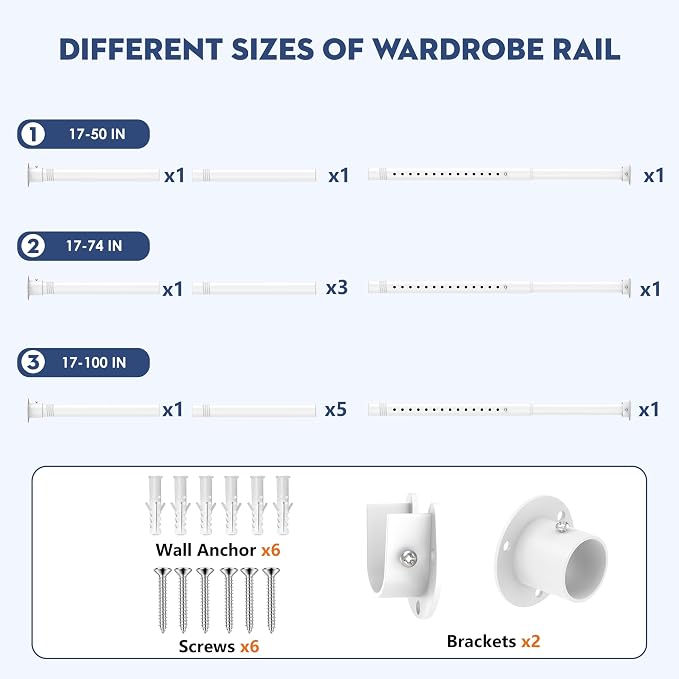 Heavy Duty Closet Rod, Adjustable 17-100 in, 1.3" Diameter | White, Metal, Suitable for Wardrobes, Bathrooms, Laundry Room, RV