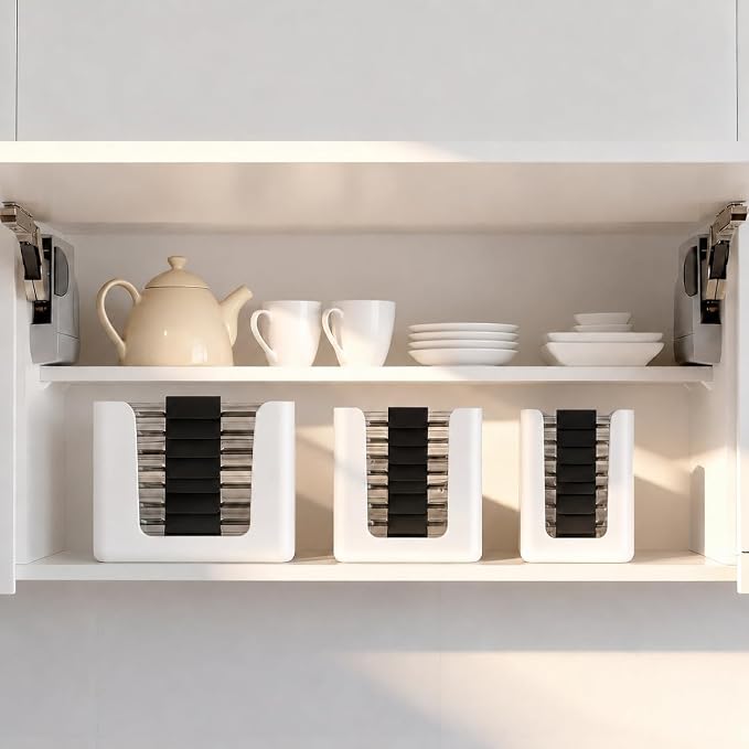Food Container Lid Organizer for Rubbermaid Brilliance, 3-Pack, White | Plastic, Fits 0.5, 1.3, 3.2 & 4.7 cup lids, Holds up to 24 lids, Flat-stack storage, For cabinets, drawers & pantries
