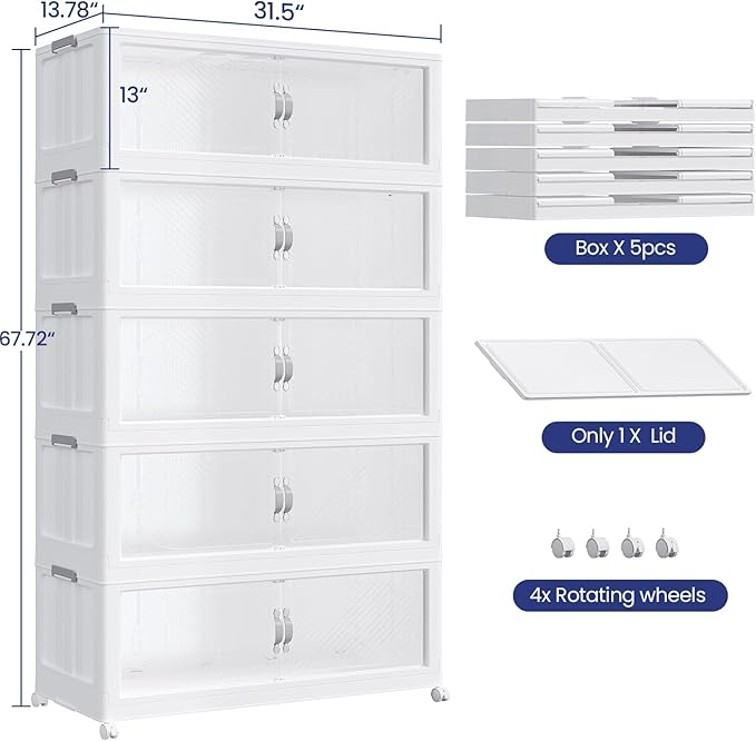 200Gal/800QT 5-Tiers Extra Large Stackable Storage Bins with Lid, Collapsible Cabinet Closet Organizer Plastic Container Box with Wheels Doors Drawers for Living Room Kitchen Office, White