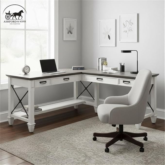 Ashford & Sons Contemporary Wood L-Shaped Desk, 60"W x 28"D x 31"H, Weathered White Finish, Drop-Front Keyboard Drawer, Utility Drawers, Ergonomic Workspace, Durable Home Office Desk for Storage and