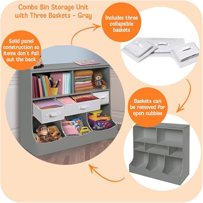Badger Basket Combo Toy Storage Organizer and Bookshelf - Kids Storage Unit with 3 Removable Baskets, Open Shelves, Top Display Surface - Gray