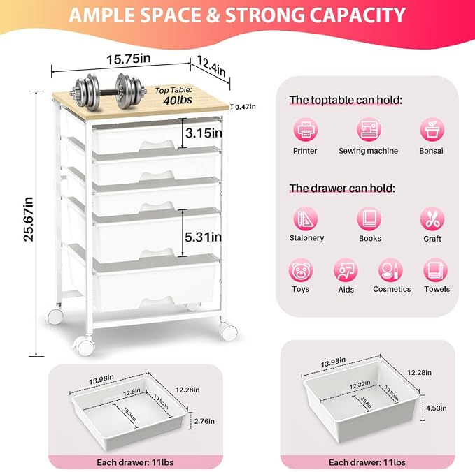 Goovilla Rolling Cart with Drawers, Utility Cart Organizer With 5 Removable Drawers and Wooden Tabletop, Lockable Rolling Storage Organizer for Art, Classroom, Home, Dorm, Office, Craft Storage, White