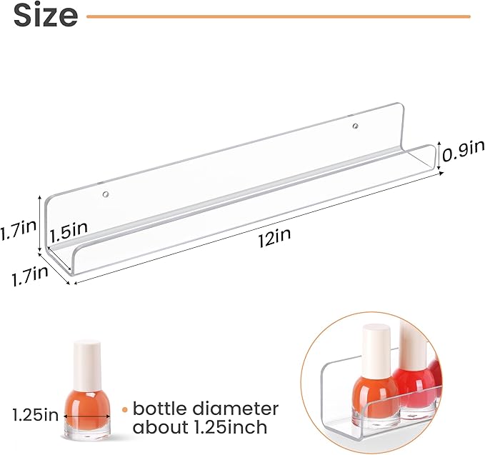 upsimples 6 Pcs 12" Clear Acrylic Shelves, Small Shelf for Wall Display | Narrow Floating Shelves for Nail Polish, Vinyl Wall Mount, Record Holder, Magazine Rack, Comic Display, Picture Ledge Shelf