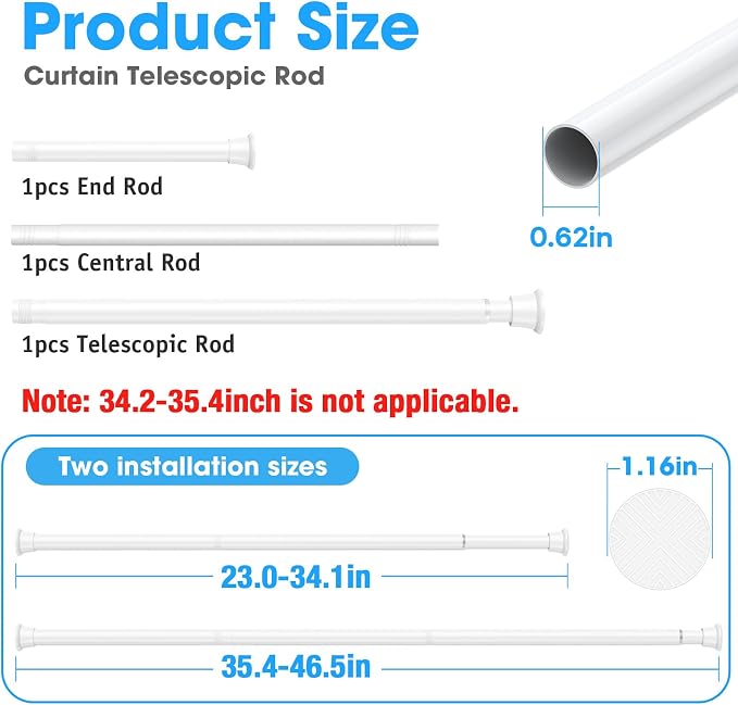 MEXAU White Tension Curtain Rods 23 to 46 Inch,Spring Loaded Curtain Rods No Drilling,Small Tension Rod for Windows Door Closet,Pressure Rod