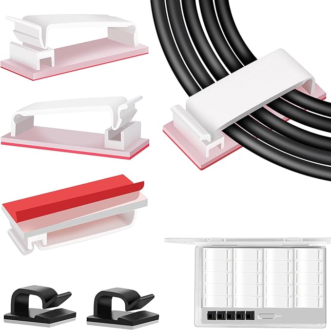 50 PCS Under Table Cable Management Clips White, Large Cable Clips for Computer Desk Cable Wire Management, Adhesive Wire Organizer Clips for Multiple Cord Management (PC, Network, TV, Ethernet)