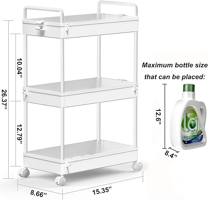 SOLEJAZZ 3 Tier Slim Rolling Storage Cart Organizer with Wheels, White | Utility cart for bathroom, laundry, bedside, dorm&narrow spaces. Fits craft, nail, makeup, snack, art, diaper&baby essentials