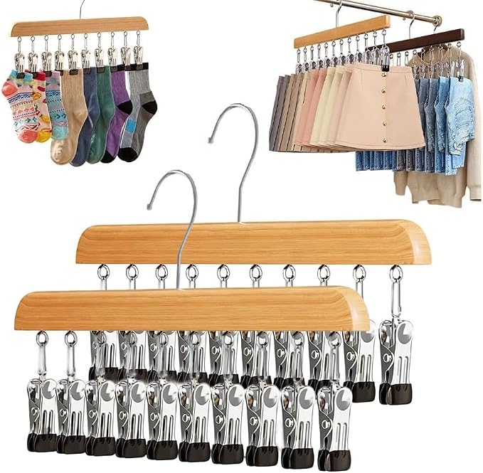 10/12-Clip Wooden Hanging Organizer, Sturdy Rack for Pants, Leggings, Socks, Hats, Scarves, Multi-Purpose Closet Storage for Home Use (2, Burlywood 10clip)