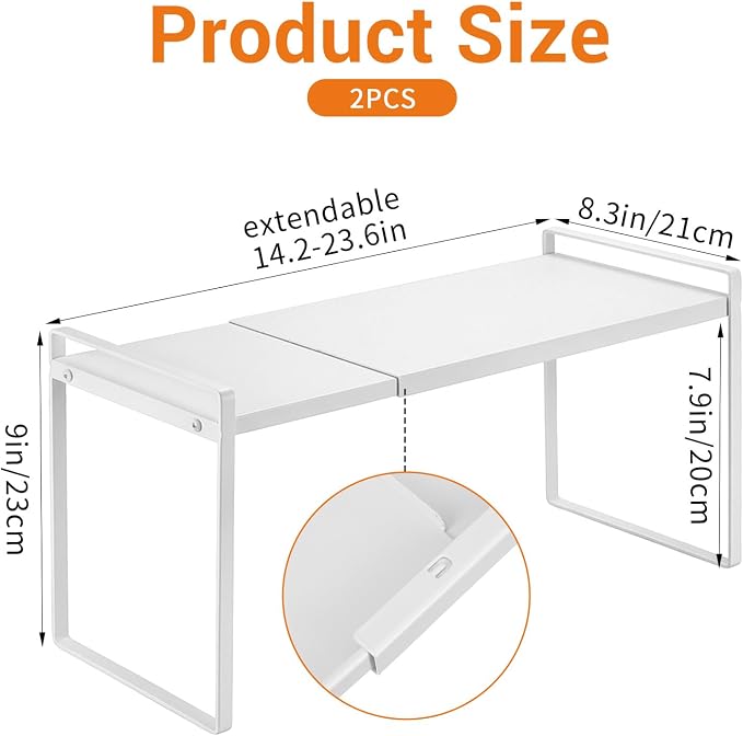 Kenaoeoe 14.2-23.6 Inch Expandable Cabinet Shelf Organizer Riser Adjustable Kitchen Cabinet Organizer for Pantry Cupboard Under Sink Countertop, Space Saver Storage Rack, White