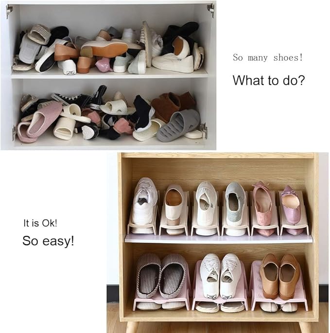 4 Pack Stacking Shoe Organizer for Shelf 10x8.7 in – Double Layer Space Saving Shoe Dividers for Shelves – Footwear Riser for Heels Under 4.7", Sneakers & Flats Storage for Small Closets, Dorms, Apts