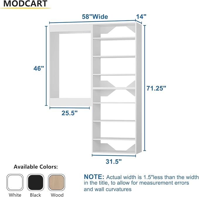 Modular closet Organizer, 58" Wide with Towers and Hanging, Wood Tower Storage for Walk-in Closets, Wall-Mounted Wardrobe Organizer Kit, Bedroom, White