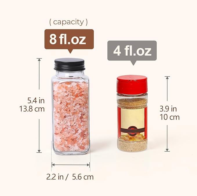 ComSaf Glass Spice Jars with with Labels 8 oz 6 Pack Square | Empty Containers, Seasoning Herbs Powders, Salt Pepper Chili, Spice Rack Organization, Kitchen Cabinet Storage