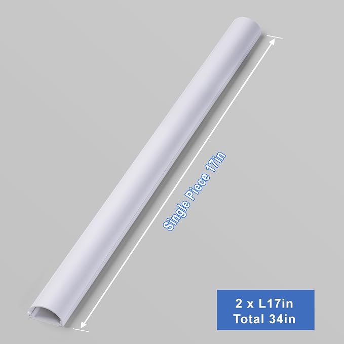 ZhiYo 34in Cord Hider for 2-4 Wall-Mounted TV Wires, 1.4" W x 0.7" H, White | Split-Hinge Design for Easy Installation, Half-Round Glazed Finish Ideal for Wall/Baseboard, Self-Adhesive, 2 Pack (17" Each)