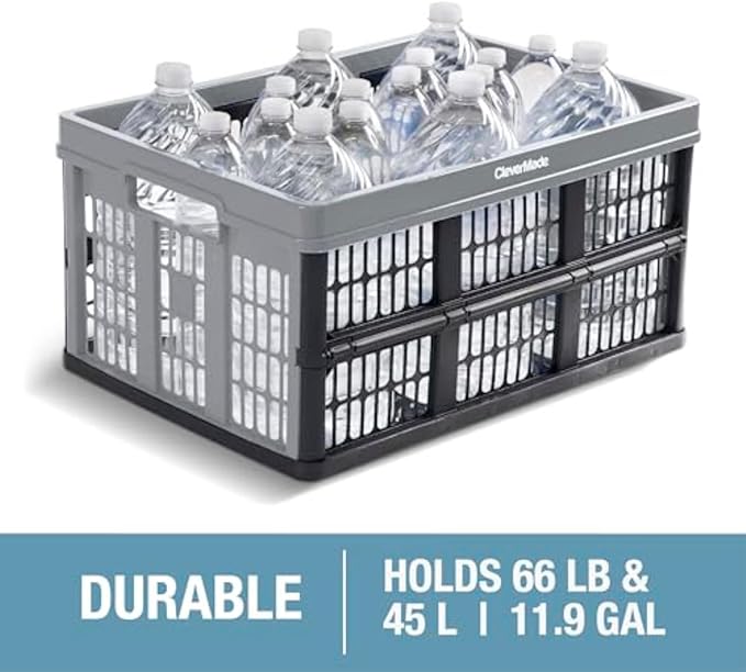 CleverMade Collapsible Utility Crates 45L (3 Pack) – Foldable Plastic Crates with Heavy Duty 66 lb Capacity, Collapsible Crates for Storage, Trunk Organization, Moving - Ocean